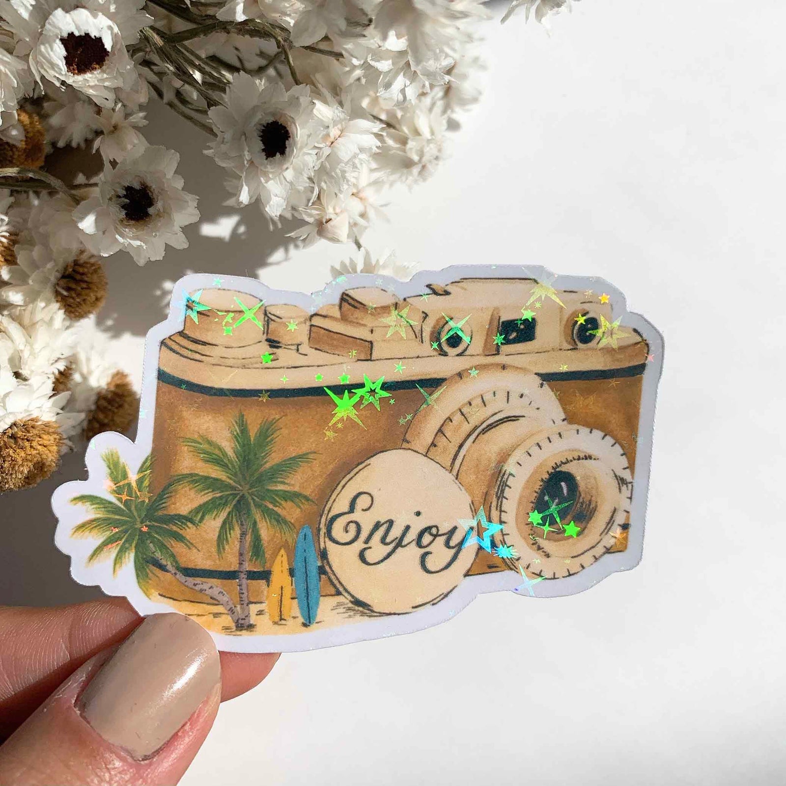 holographic camera stickers, glitter stickers. camera stickers, watercolor stickers