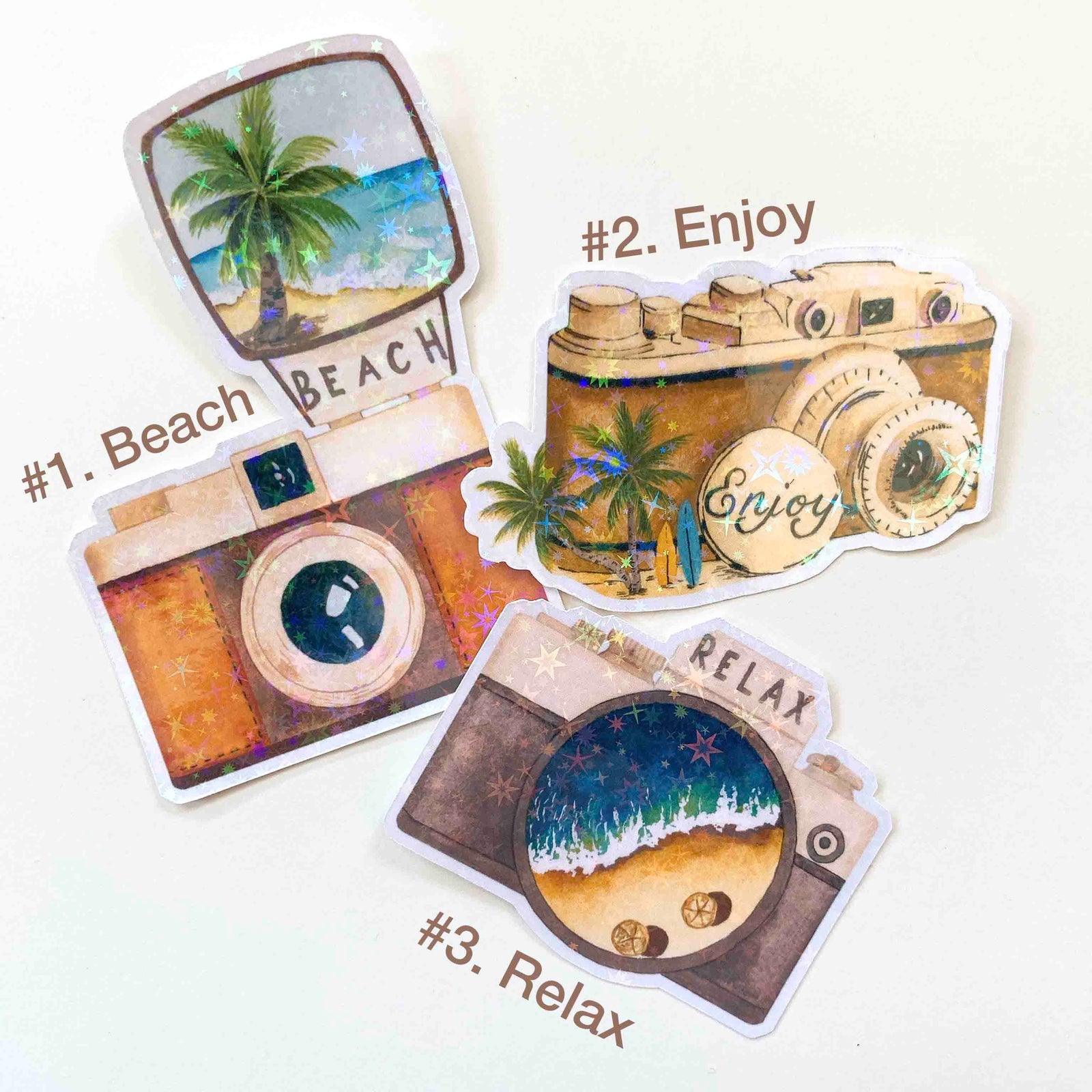 holographic camera stickers, glitter stickers. camera stickers, watercolor stickers