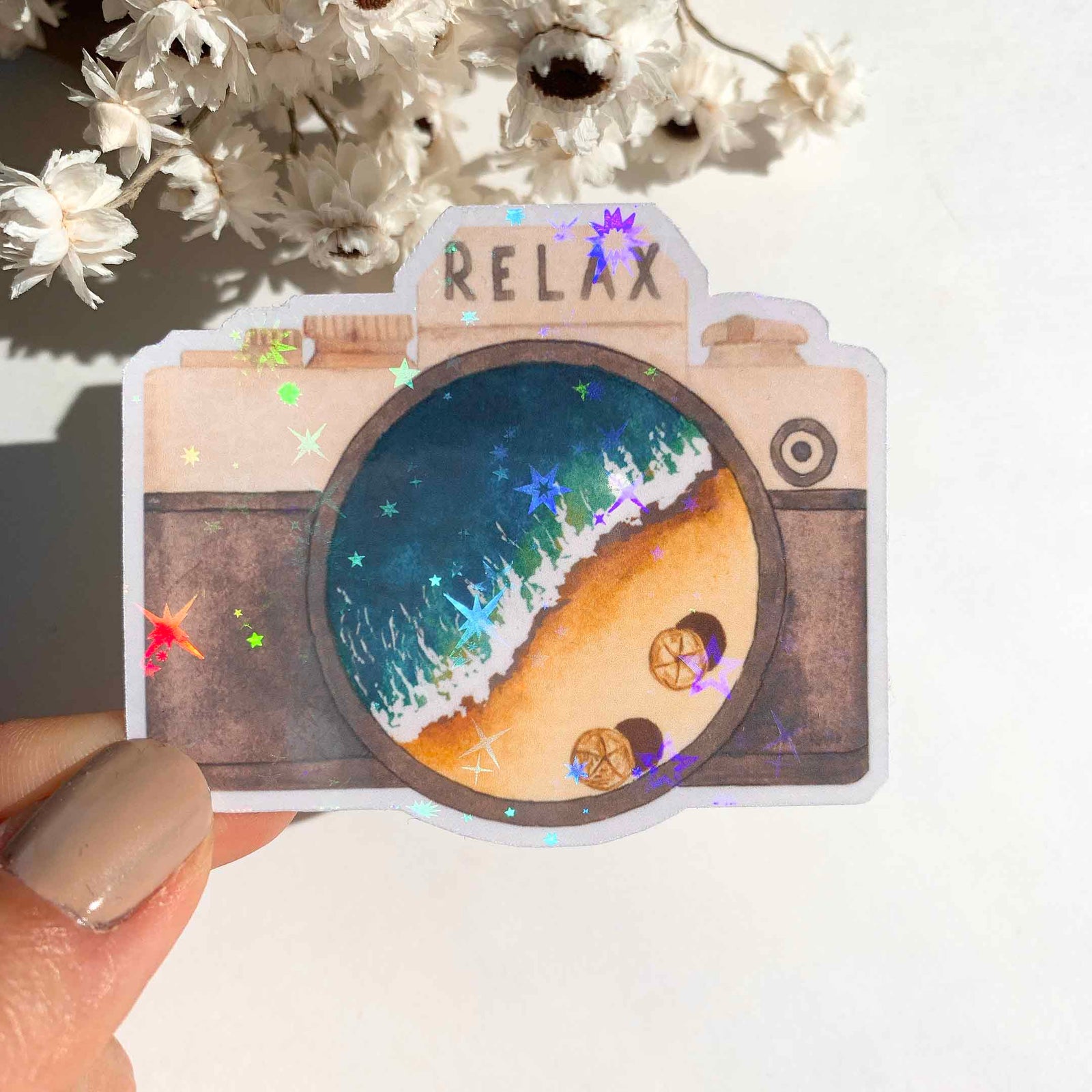 holographic camera stickers, glitter stickers. camera stickers, watercolor stickers