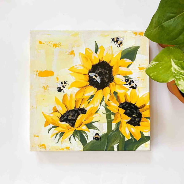 Sunflowers and Bees Original Painting on Canvas 12x12"