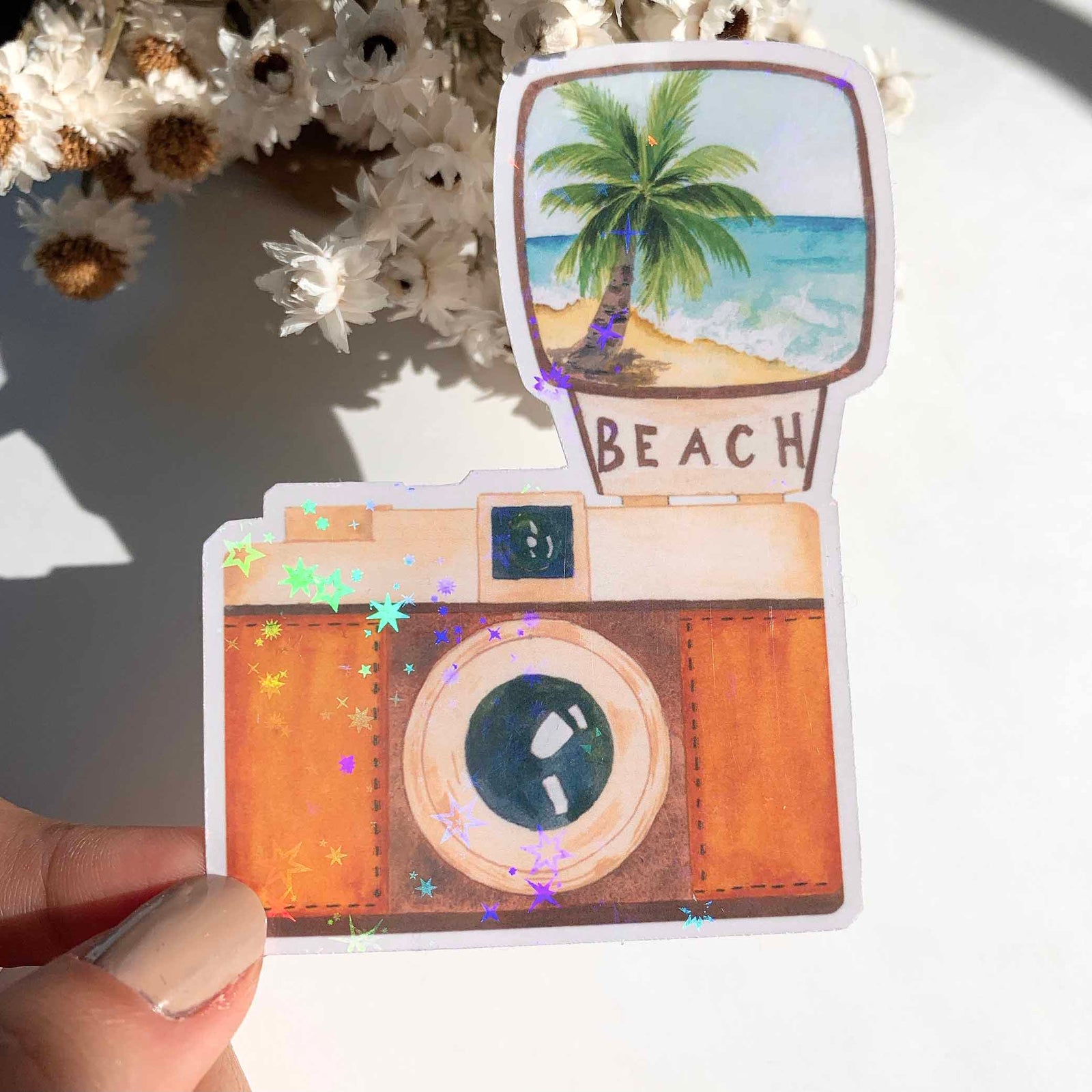 holographic camera stickers, glitter stickers. camera stickers, watercolor stickers
