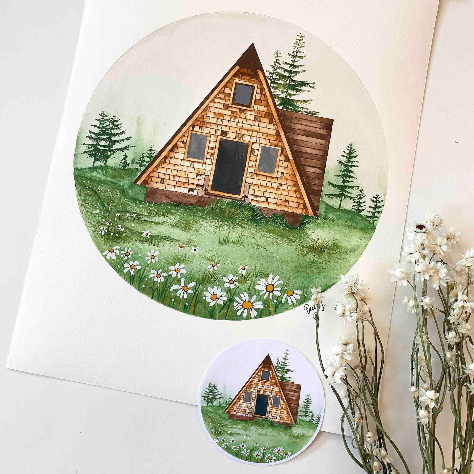 Cabin in a Daisy Field Original Painting