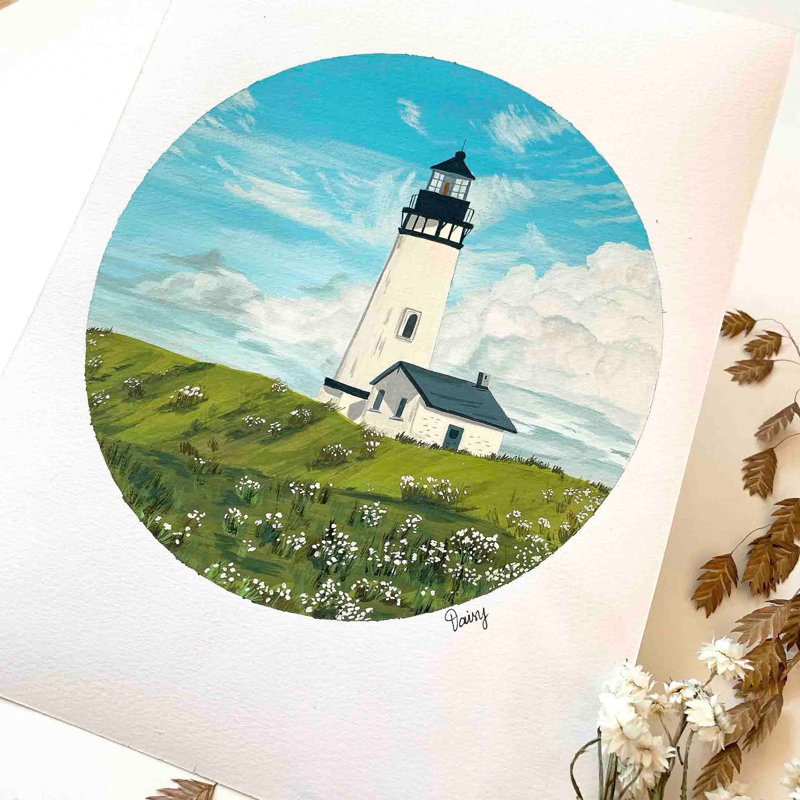 Lighthouse in a Daisy Field Original Painting