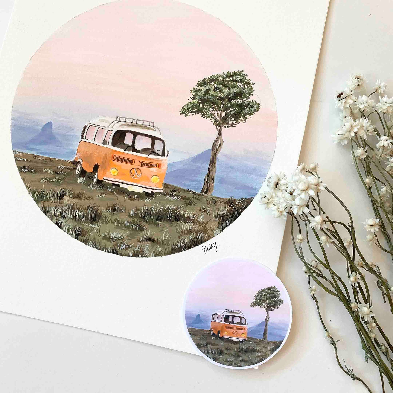 Orange Volkswagen Camper Van Original Painting