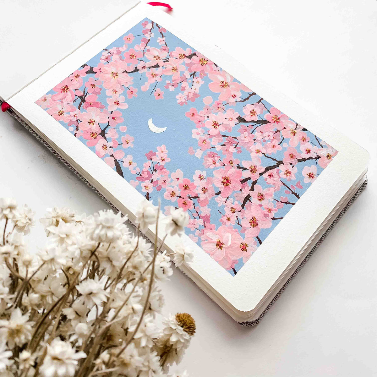 Cherry Blossoms Under Silver Moon - Original Painting