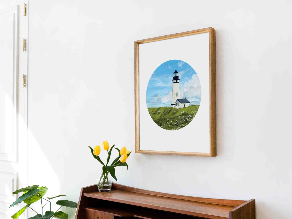 Lighthouse in Field of Daisies Art Print