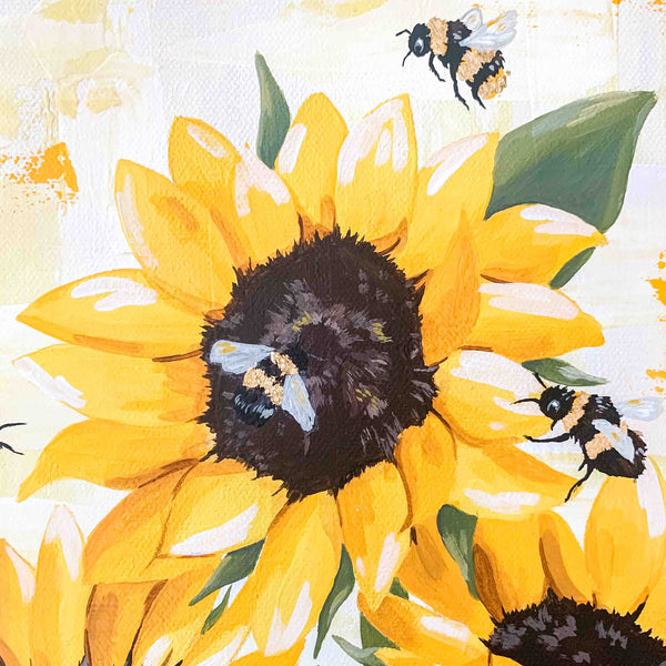 Sunflowers and Bees Original Painting on Canvas 12x12"