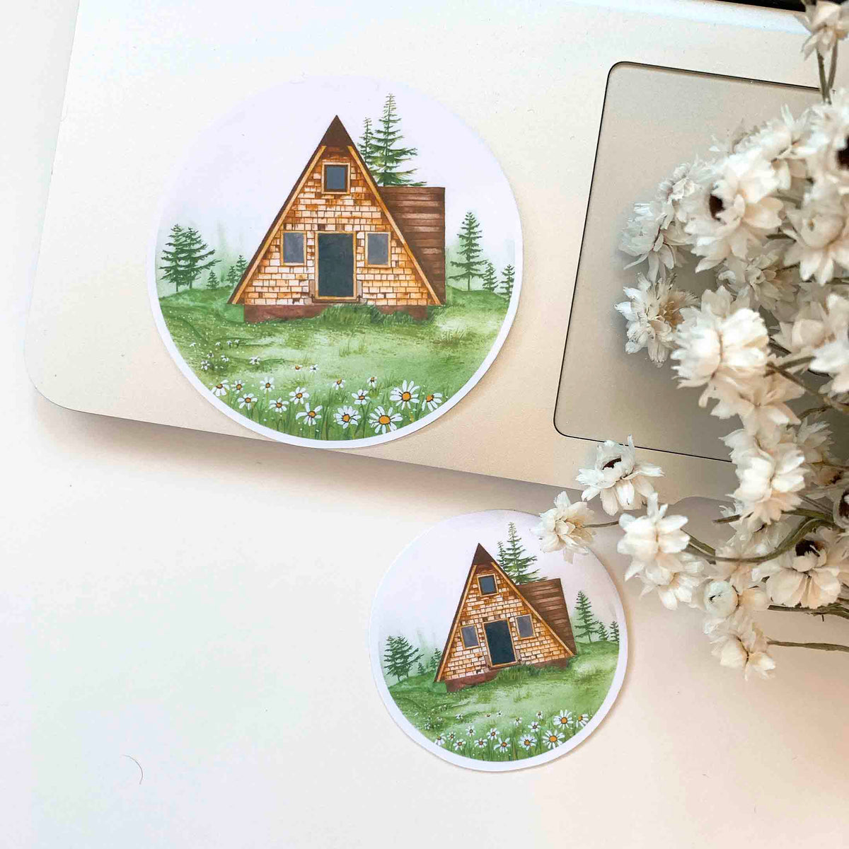 Cabin in a Field of Daisies Sticker