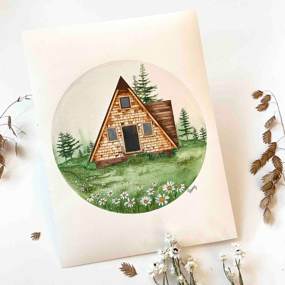 Cabin in a Daisy Field Original Painting