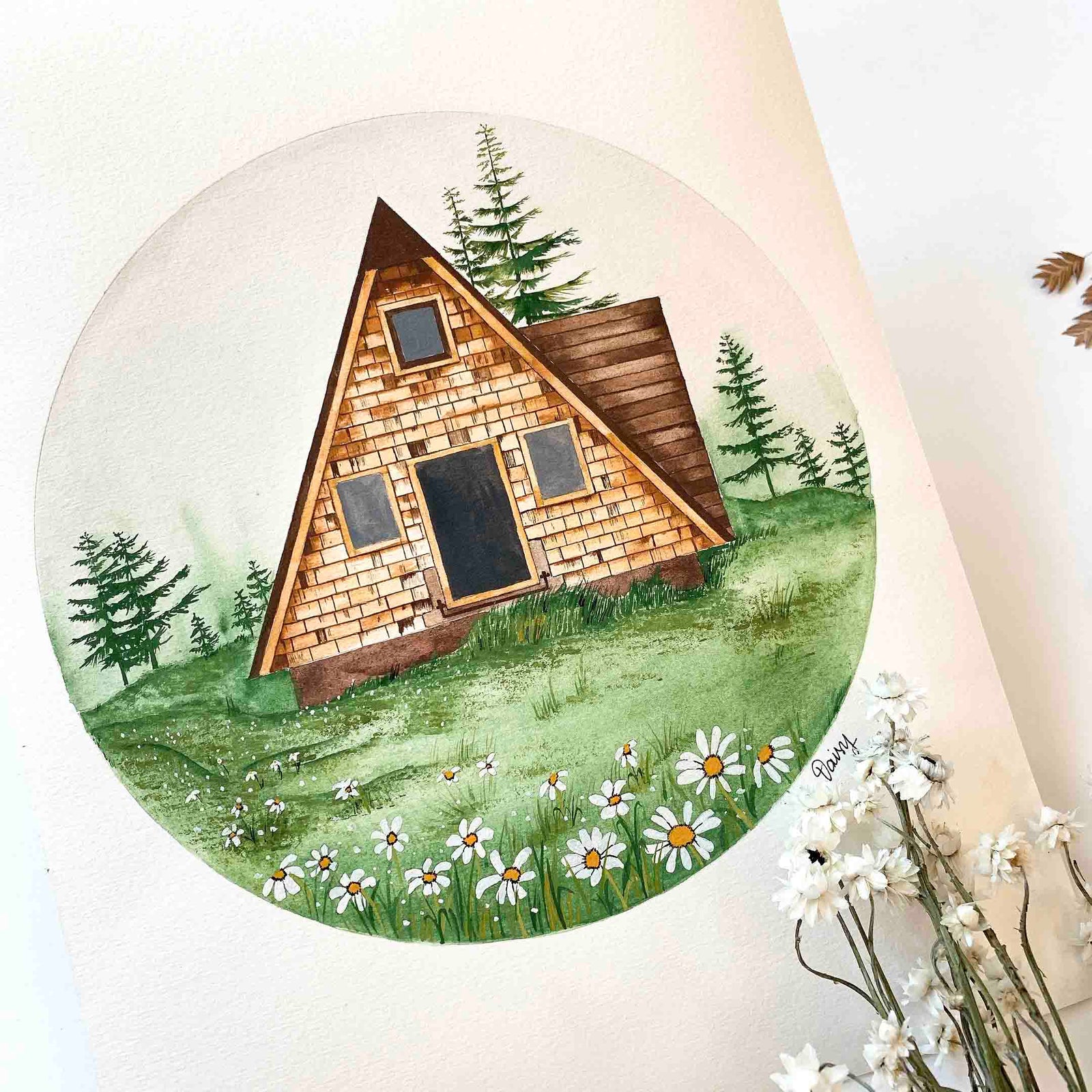 Cabin in a Daisy Field Original Painting