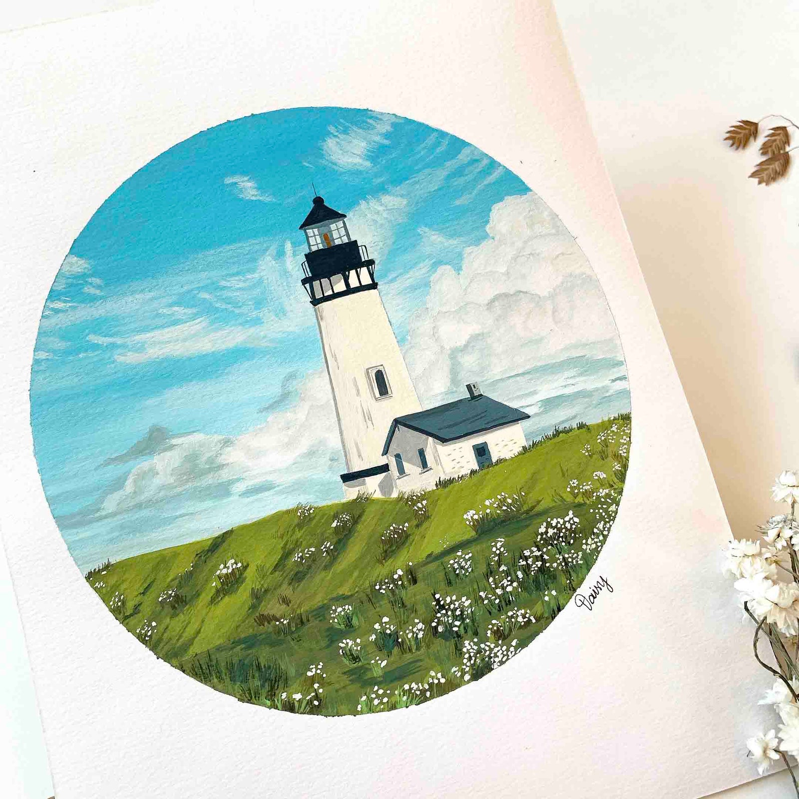 Lighthouse in a Daisy Field Original Painting