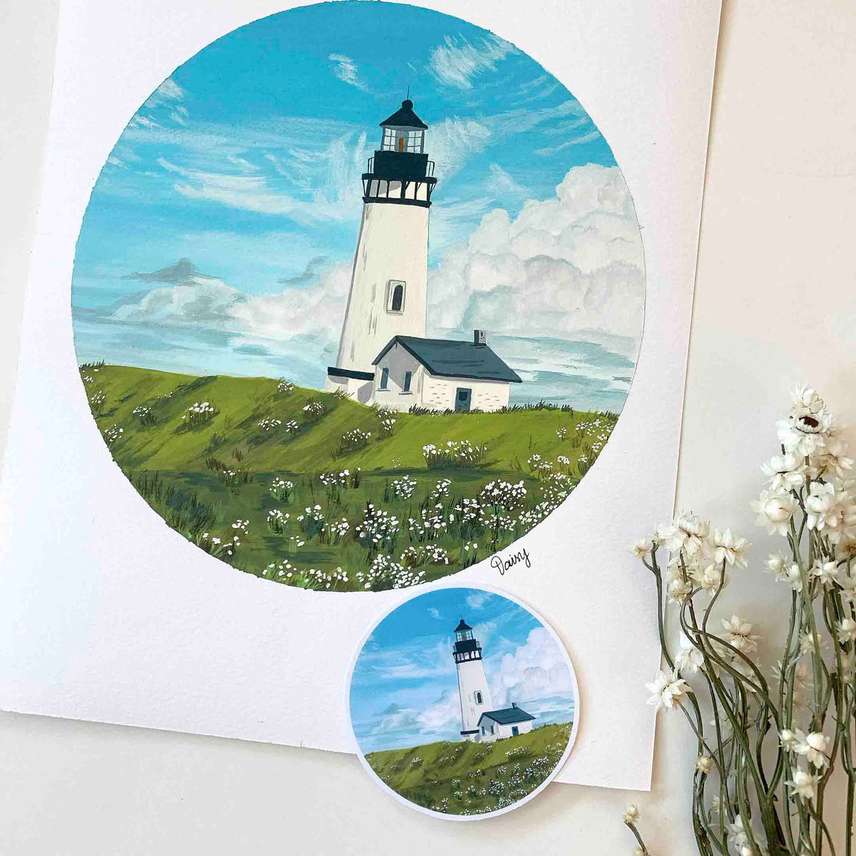 Lighthouse in a Daisy Field Original Painting