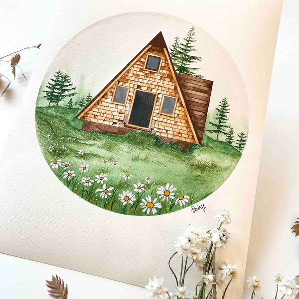 Cabin in a Daisy Field Original Painting